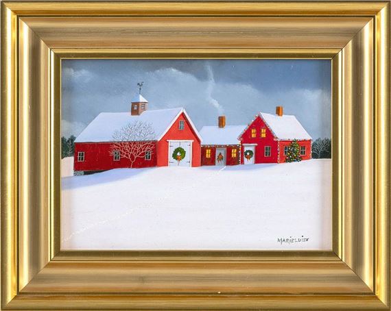 Fresh tracks leading to a red farmhouse decorated for the holidays by Marieluise Hutchinson