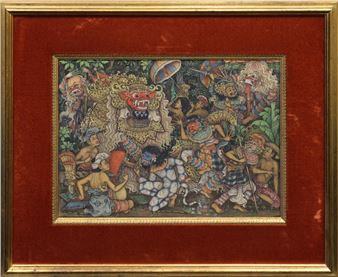 Masked dancers and figures with the Balinese god "Batara Kala