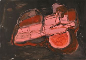A bold, abstract composition of a figure in pink and red tones against a dark background.