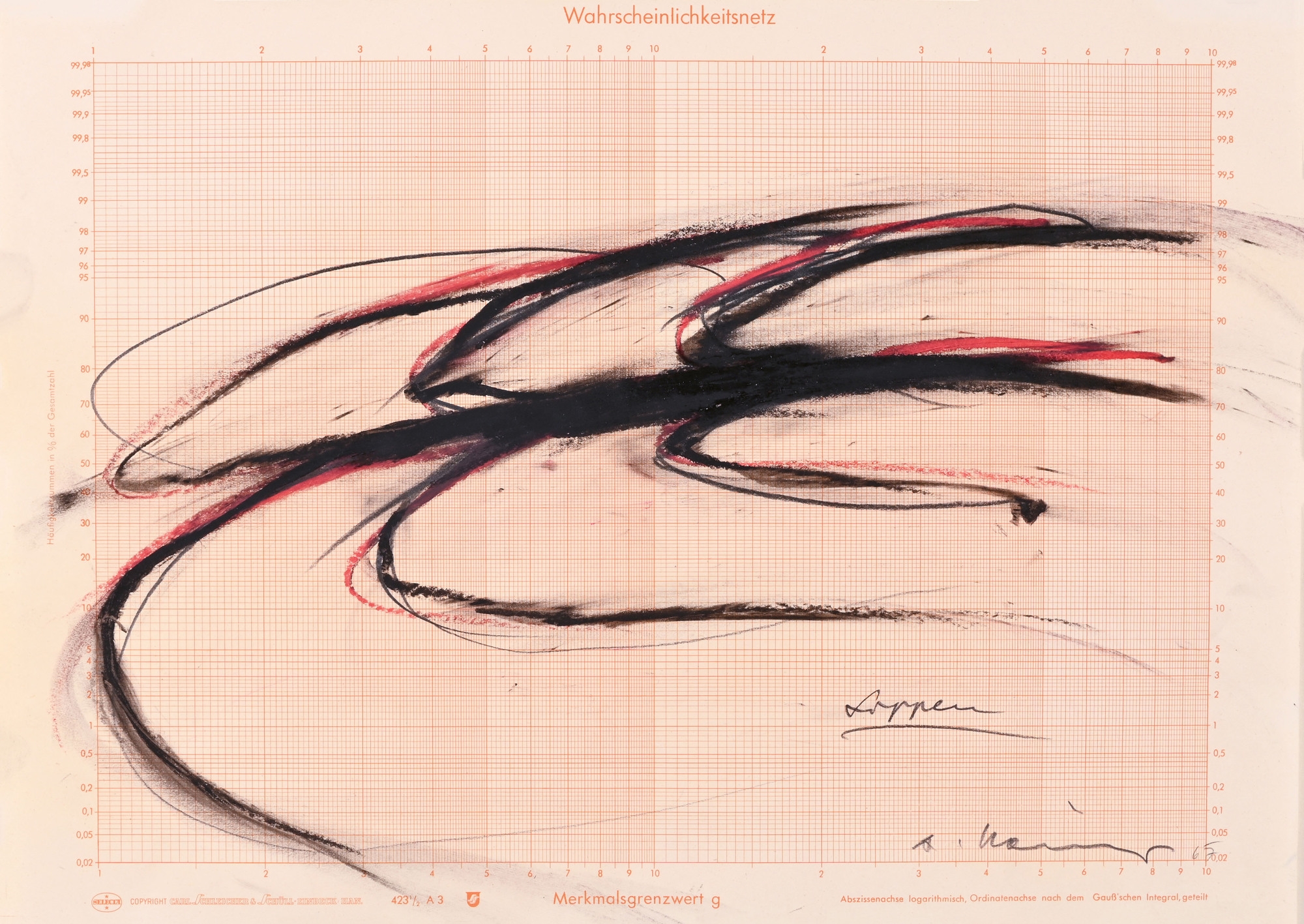 Artwork by Arnulf Rainer, Lips, Made of Bold Chalk On Paper With Printed Probability Grid