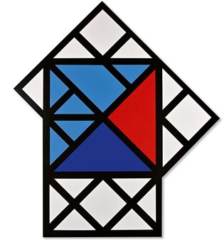 A geometric stained-glass style house with bold primary colors and black outlines.