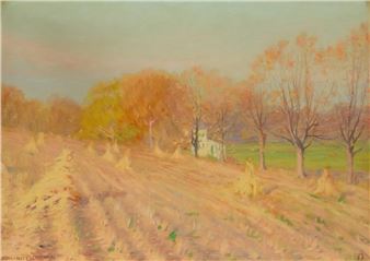 Hay field with a distant house