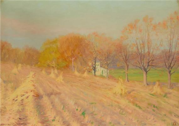 Hay field with a distant house by Leonard Ochtman, 1896