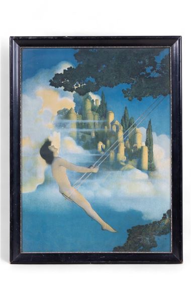 A nude figure on a swing amid clouds with a castle in the distance - Maxfield Parrish