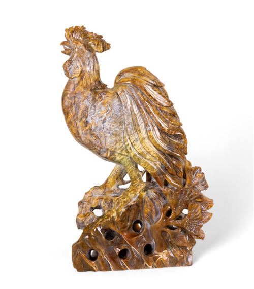 A rooster standing atop a pierced rocky base - Chinese School