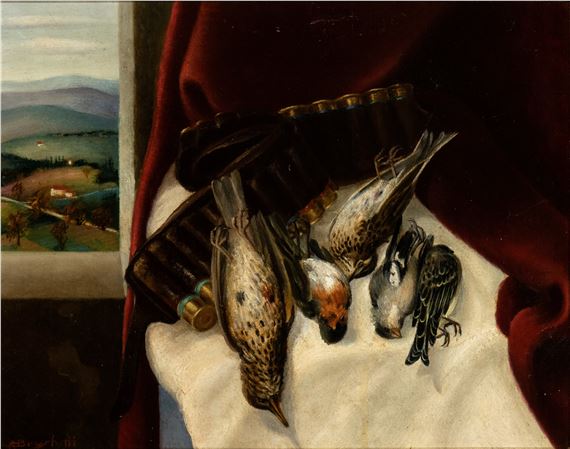 A somber still life of dead birds and shotgun shells resting on a white cloth beside a window.