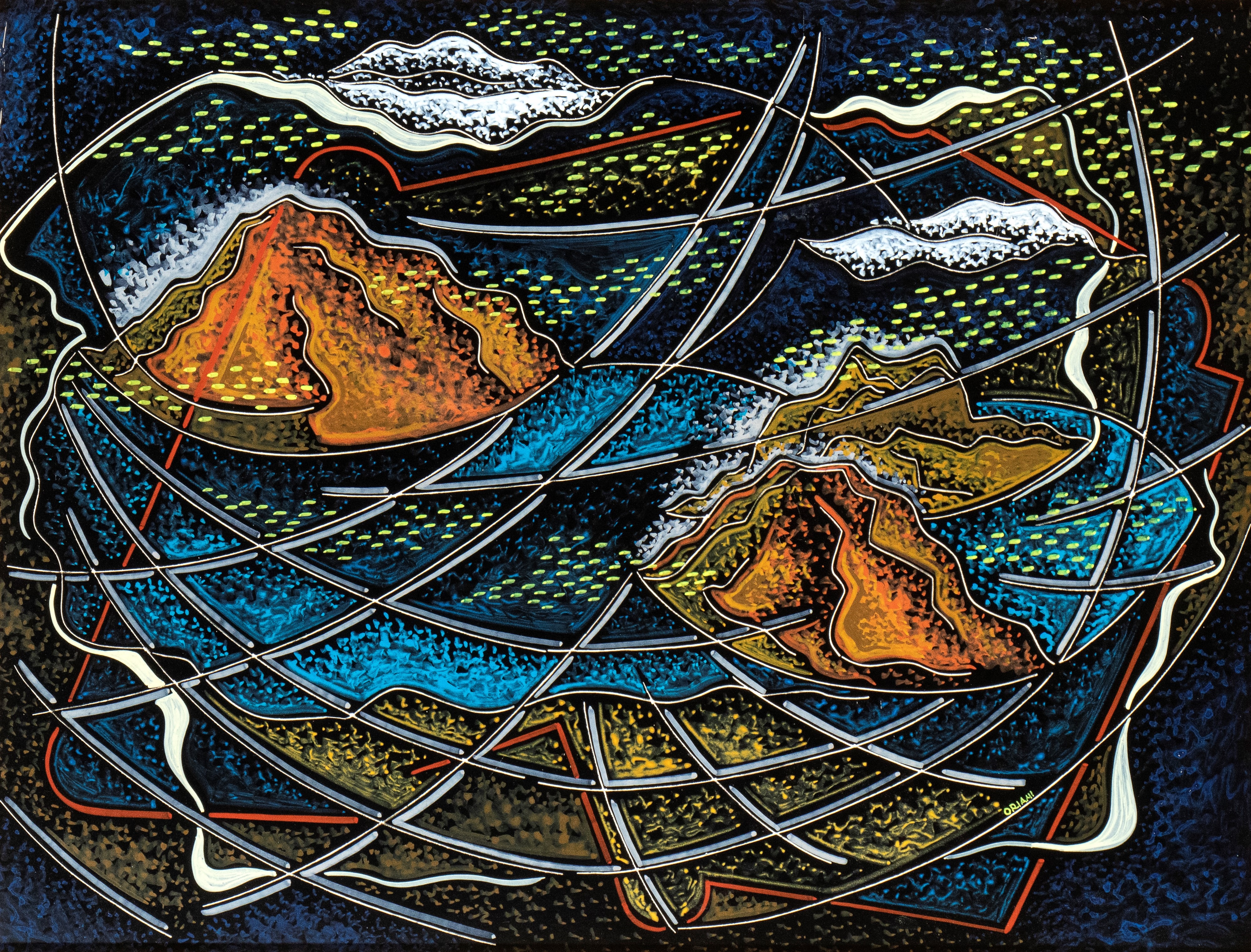 Artwork by Pippo Oriani, Volo sul golfo, Made of Encaustic - Graffito On Cardboard