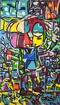 A vibrant, blocky portrait of a figure with a colorful umbrella against an abstract city background.
