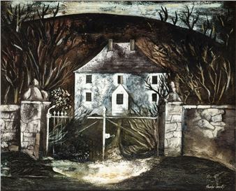 A moody, textured painting of a white house behind an iron gate under a dark, arched sky.