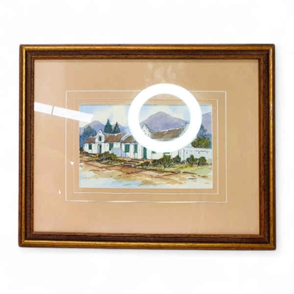 Artwork by Stef Madden, GILT FRAMED WATER COLOURED PAINTING OF A CAPE DUTCH HOUSE, Made of Watercoloured Painting