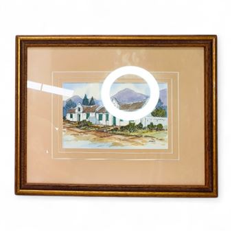 GILT FRAMED WATER COLOURED PAINTING OF A CAPE DUTCH HOUSE