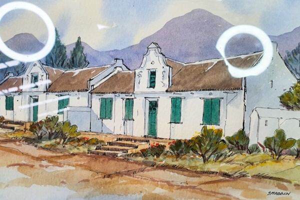 Artwork by Stef Madden, GILT FRAMED WATER COLOURED PAINTING OF A CAPE DUTCH HOUSE, Made of Watercoloured Painting