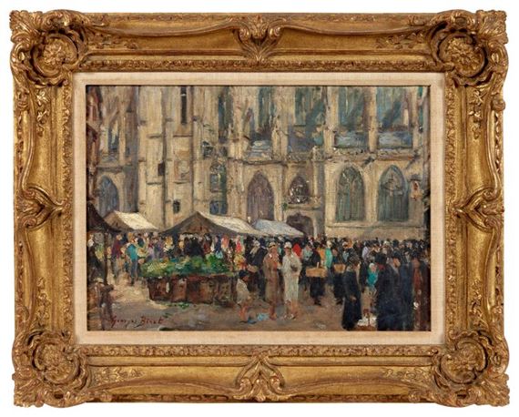 Sunday market in front of the church at Caudebec le Caux by Georges Jules Ernest Binet