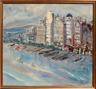 A vibrant, impressionistic cityscape of a riverfront with tall buildings and boats under a cloudy sky.