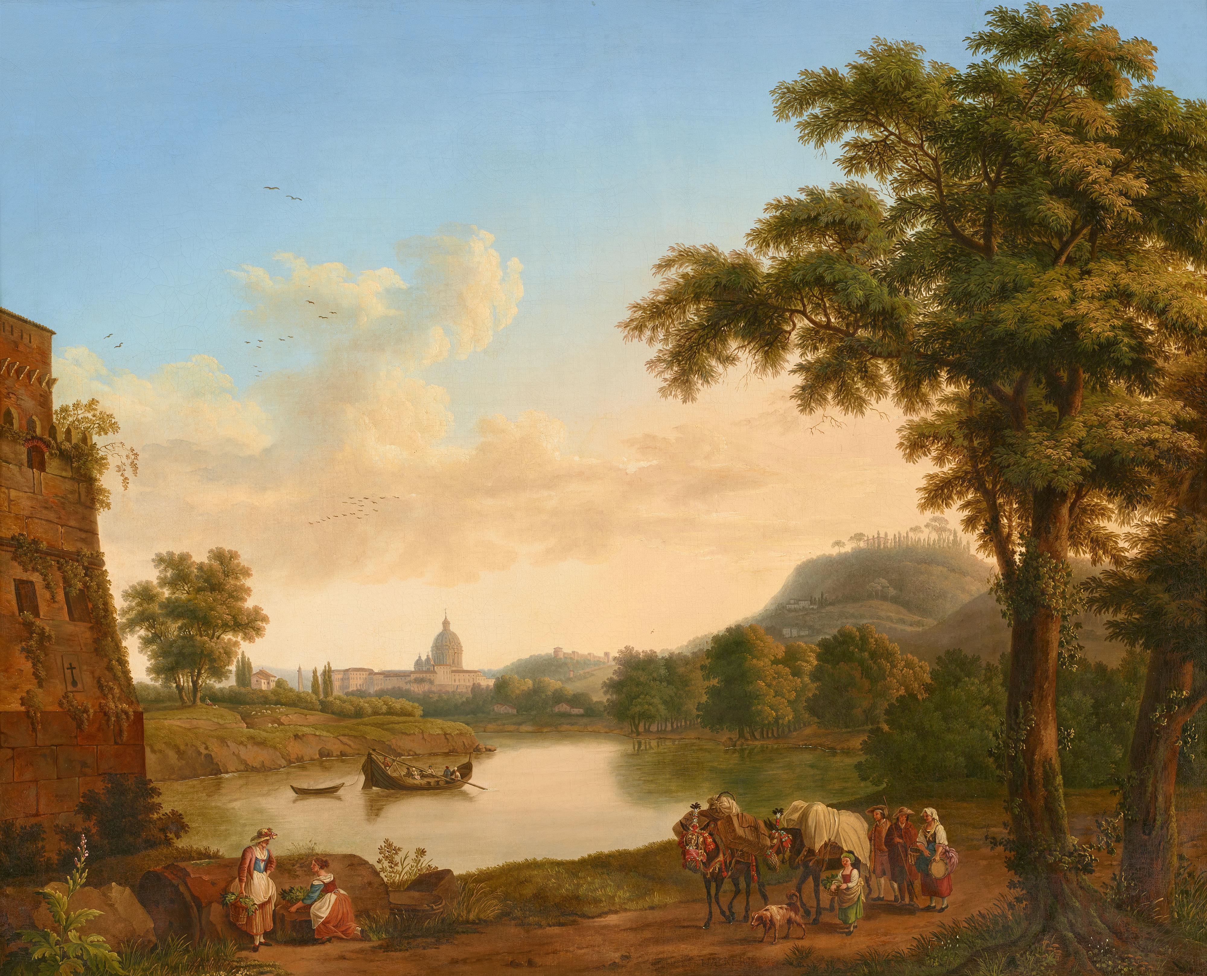 Artwork by Jacob Philippe Hackert, View to the Tiber and St Peter's from Ponte Milvio, Made of Oil On Canvas