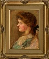 A profile portrait of a woman with reddish-brown hair, rendered in soft impressionistic brushstrokes.