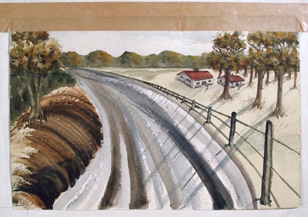 Artwork by Bates, Barn and Country Road, Made of Watercolor (Double-Sided)