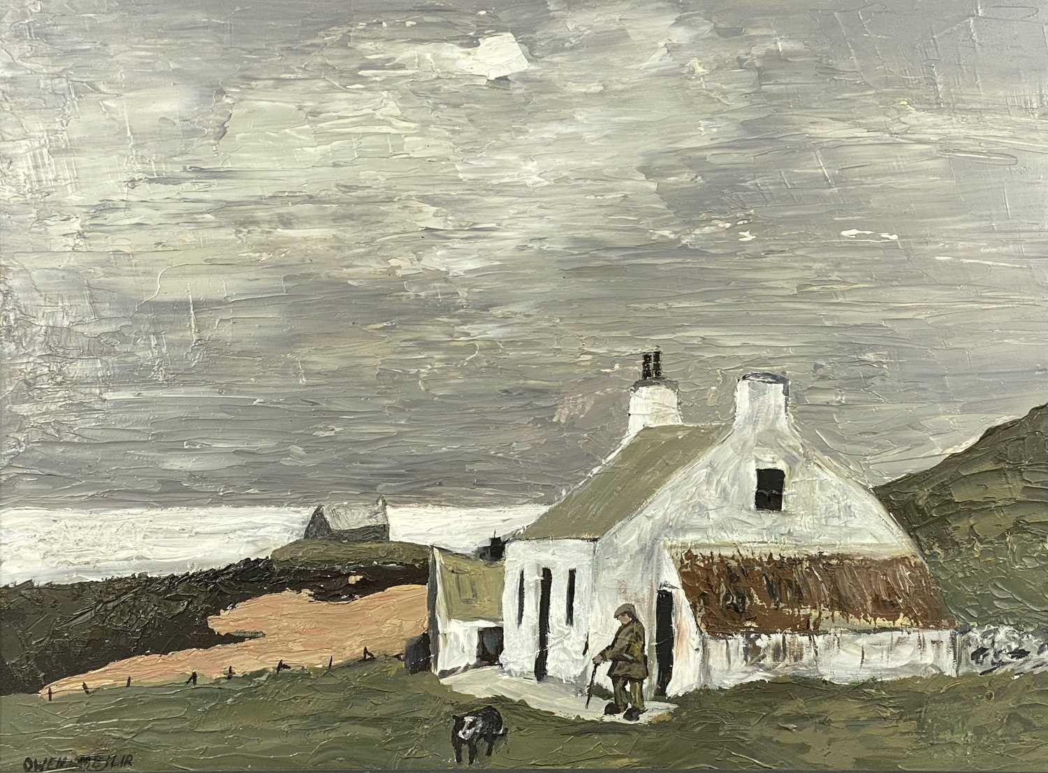 Owen Meilir Whitewashed Farmhouse With Farmer And Sheepdog Outside 