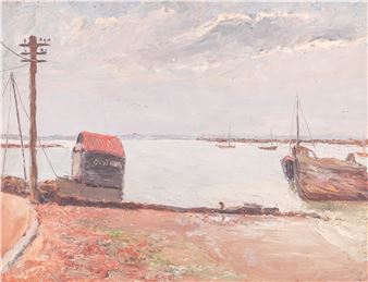 A coastal scene featuring a small boat and a wooden structure on a rocky shore under an overcast sky.