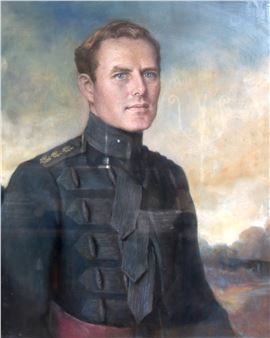 A formal portrait of a military figure in dark uniform against a cloudy sky.