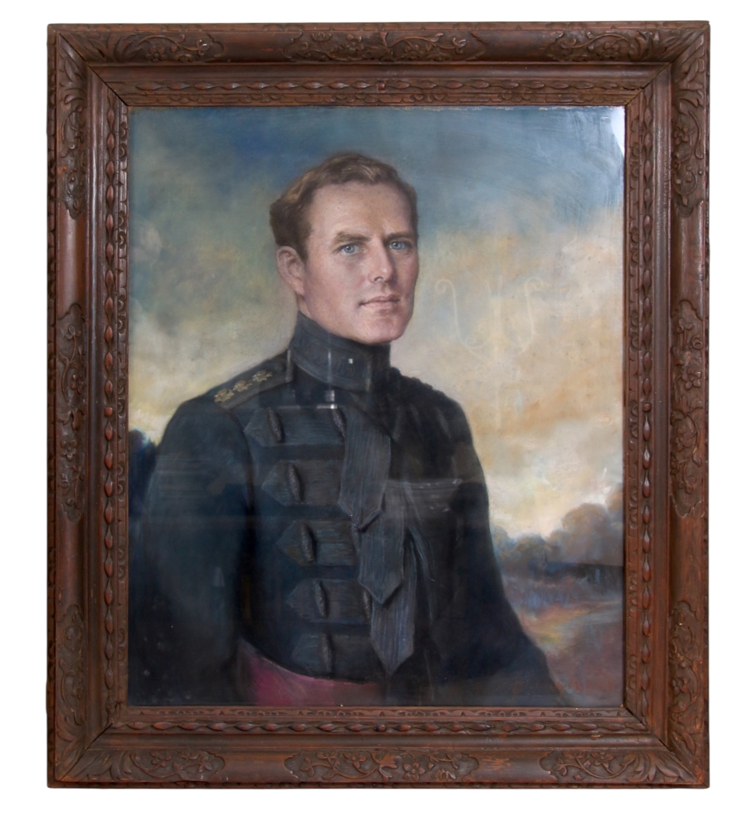 A formal portrait of a military figure in dark uniform against a cloudy sky.