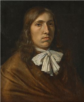 A painting of a man with long hair and a white bow tie.