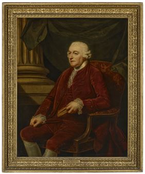 Portrait of Charles Pratt, 1st Earl Camden (-1794), seated three-quarter-length, in a maroon coat and breeches, holding a book