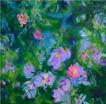 A vibrant floral painting featuring pink and purple blossoms amidst lush green foliage.