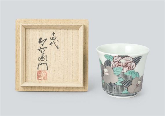 Sake cup with design of camellia in overglaze enamel