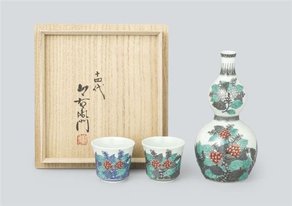 Sake cup and decanter with design of grass and flower in overglaze enamel (a set of 3
