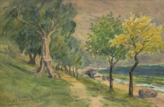 A watercolor landscape of a sunlit coastal path winding between trees toward the sea.
