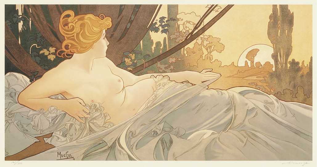 Artwork by Alphonse Mucha, Aurore et Crépuscule, and others (a set of 4 reproduction prints), Made of Lithograph