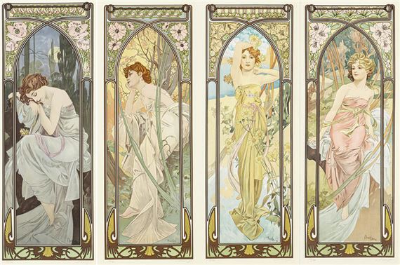 Les Heures du Jour (a set of 4 reproduction prints) - Alphonse Mucha