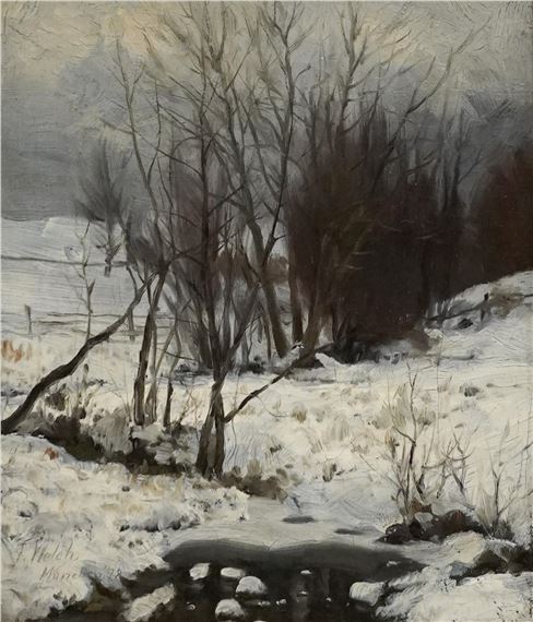 A winter landscape painting featuring a frozen stream, snow-covered ground, and bare trees under an overcast sky.