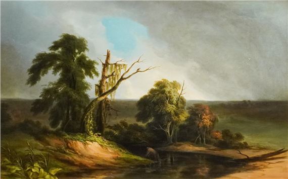 Landscape with Deer and Moss-Covered Trees - American School, 19th Century