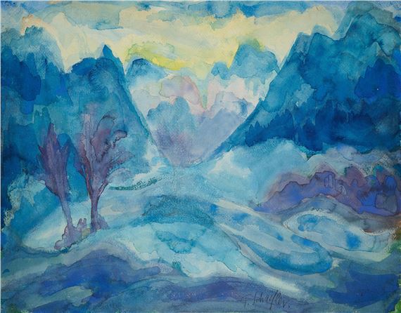 A watercolor landscape of a mountain valley rendered in cool blues and purples.