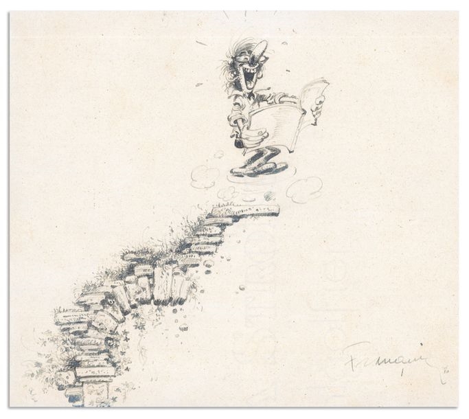 Artwork by André Franquin, Original illustration, unpublished self-portrait, Made of India Ink And Felt Pen On Paper