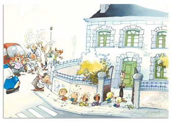 A drawing of a group of people in front of a house.
