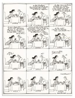 a comic strip with a cartoon of a man and woman sitting at a table