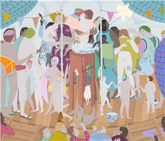 A crowded indoor party scene filled with diverse figures, colorful decorations, and a festive atmosphere.
