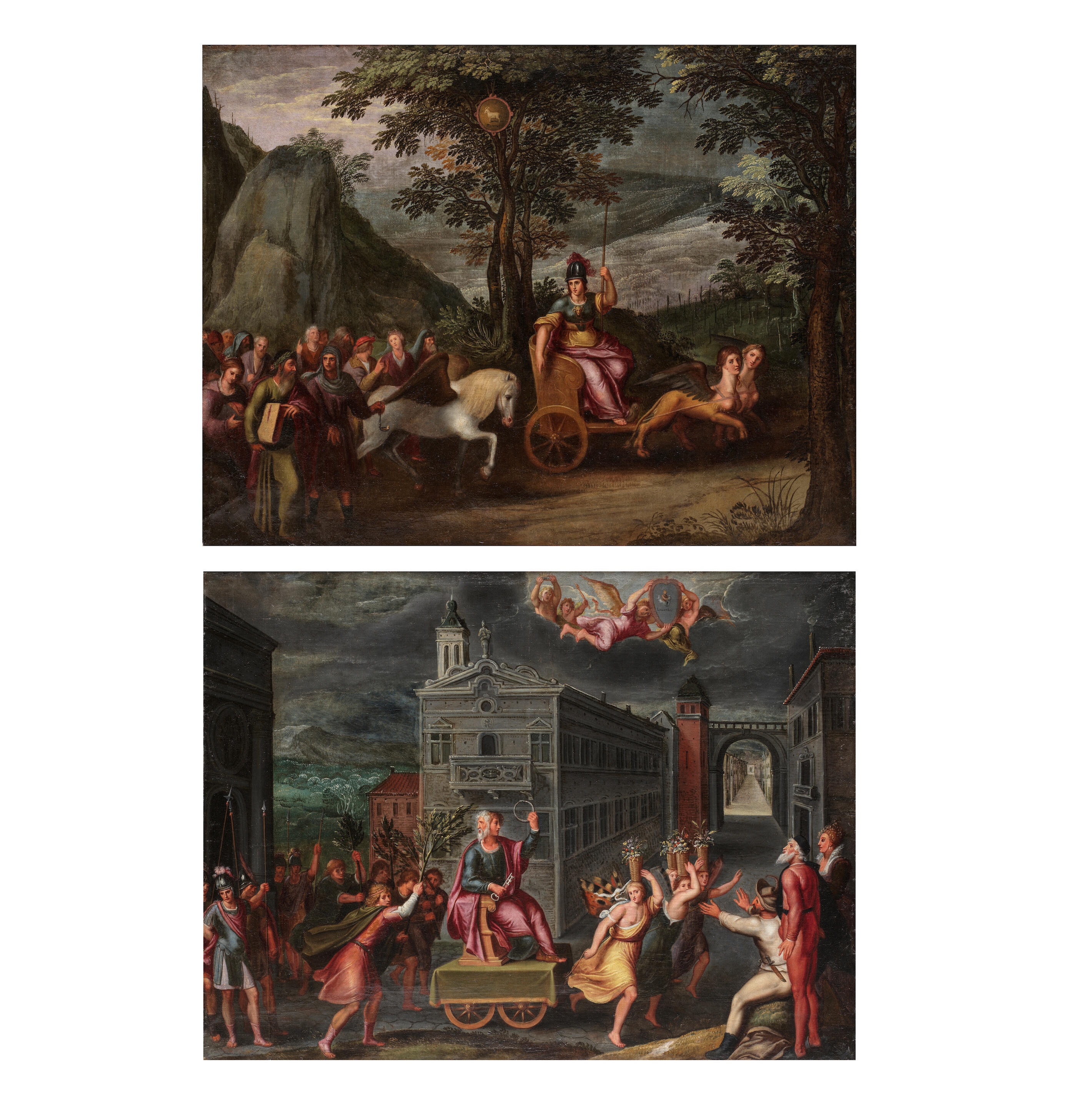Artwork by Flemish School, 17th Century, An Allegory of the month of January with the Triumph of Janus; and An Allegory of the month of March with the Triumph of Minerva (2, Made of a pair, oil on canvas