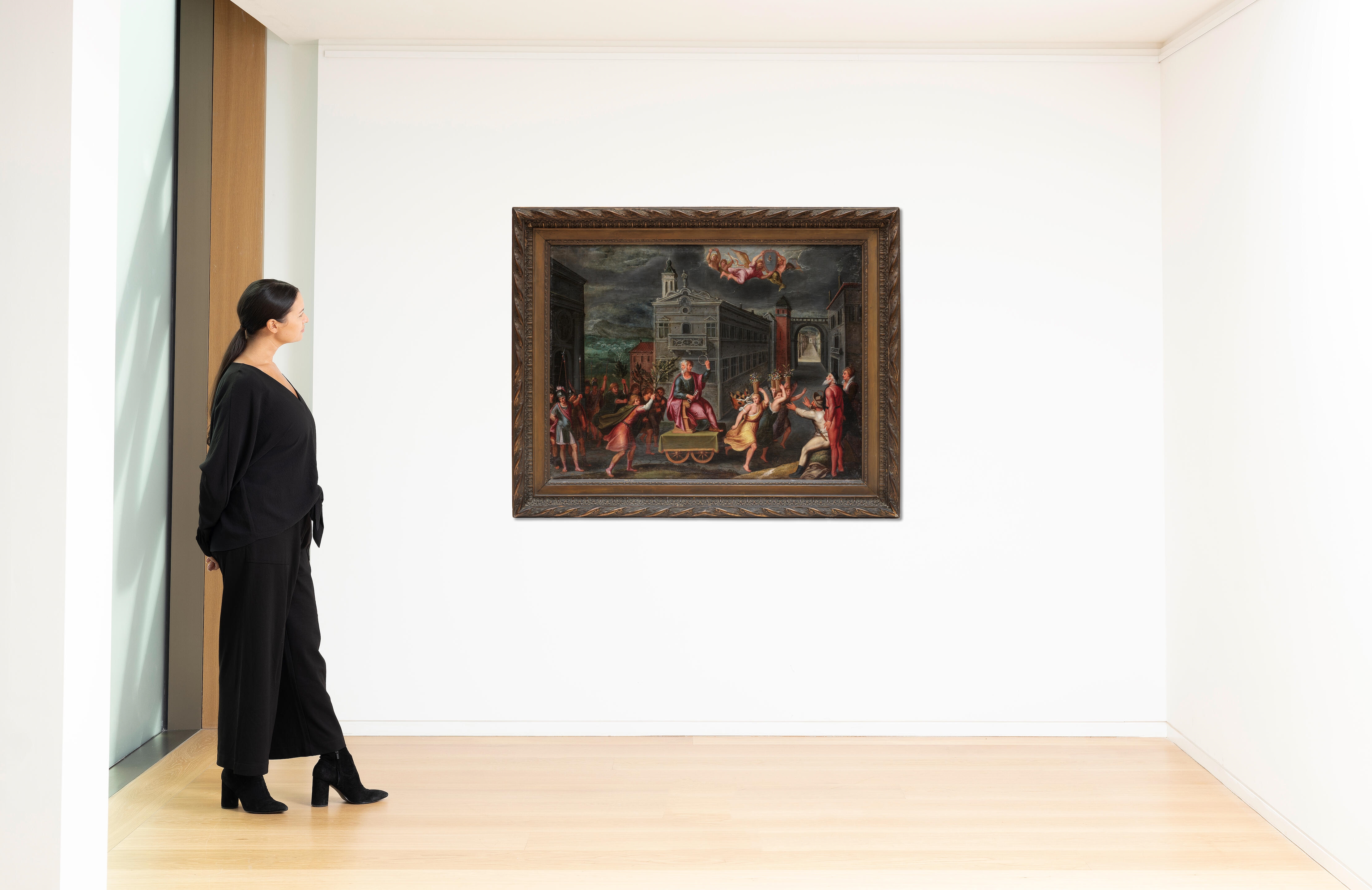 Artwork by Flemish School, 17th Century, An Allegory of the month of January with the Triumph of Janus; and An Allegory of the month of March with the Triumph of Minerva (2, Made of a pair, oil on canvas