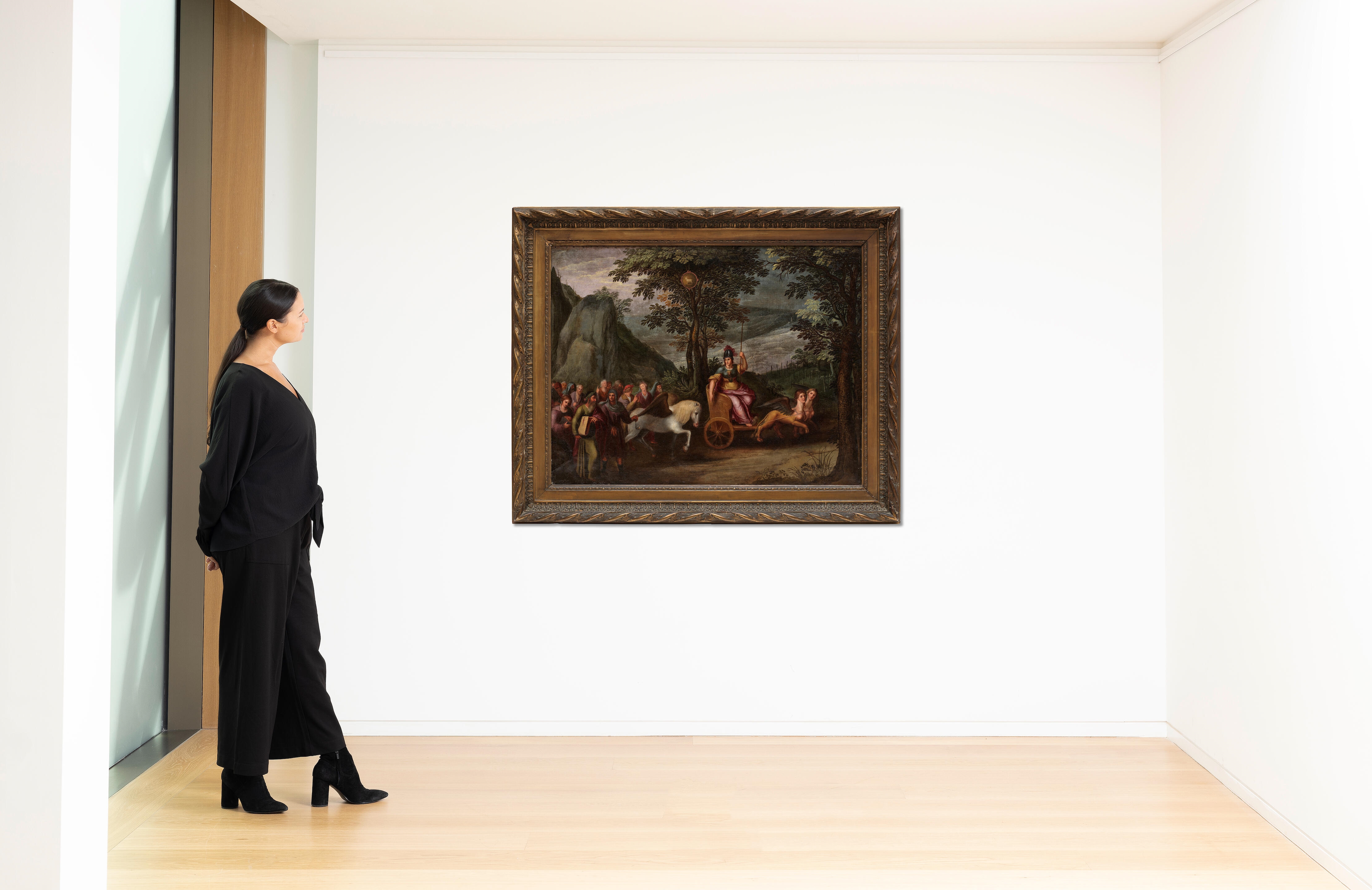 Artwork by Flemish School, 17th Century, An Allegory of the month of January with the Triumph of Janus; and An Allegory of the month of March with the Triumph of Minerva (2, Made of a pair, oil on canvas