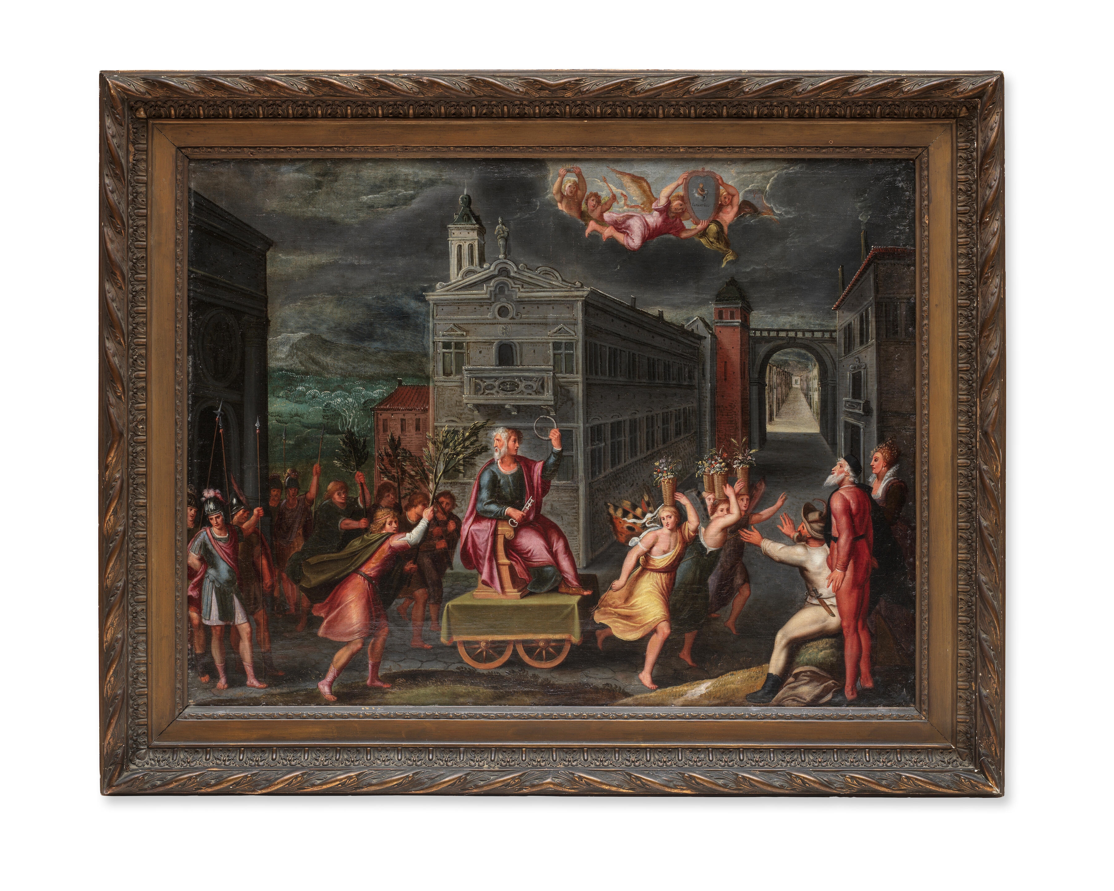 Artwork by Flemish School, 17th Century, An Allegory of the month of January with the Triumph of Janus; and An Allegory of the month of March with the Triumph of Minerva (2, Made of a pair, oil on canvas