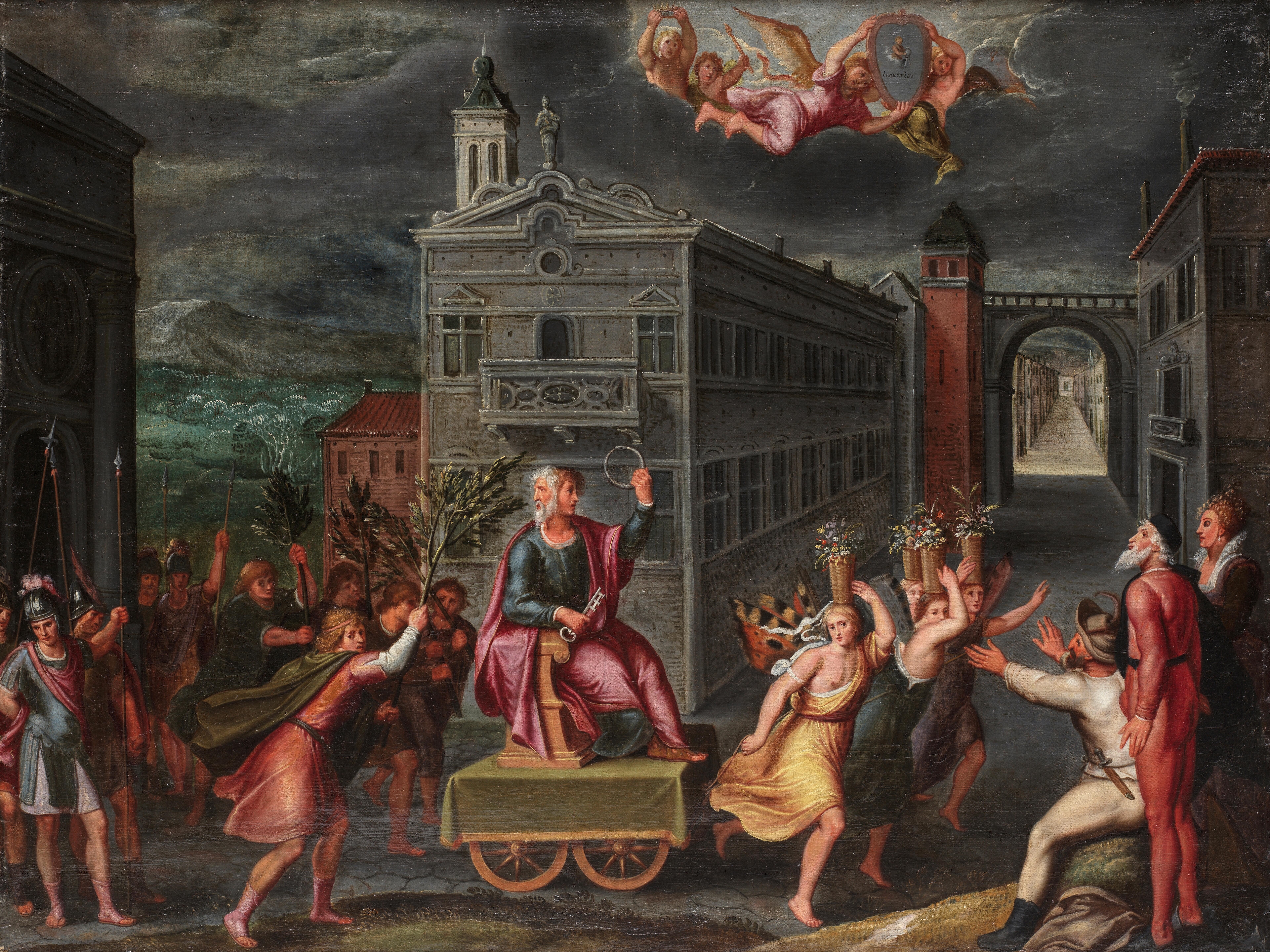 Artwork by Flemish School, 17th Century, An Allegory of the month of January with the Triumph of Janus; and An Allegory of the month of March with the Triumph of Minerva (2, Made of a pair, oil on canvas