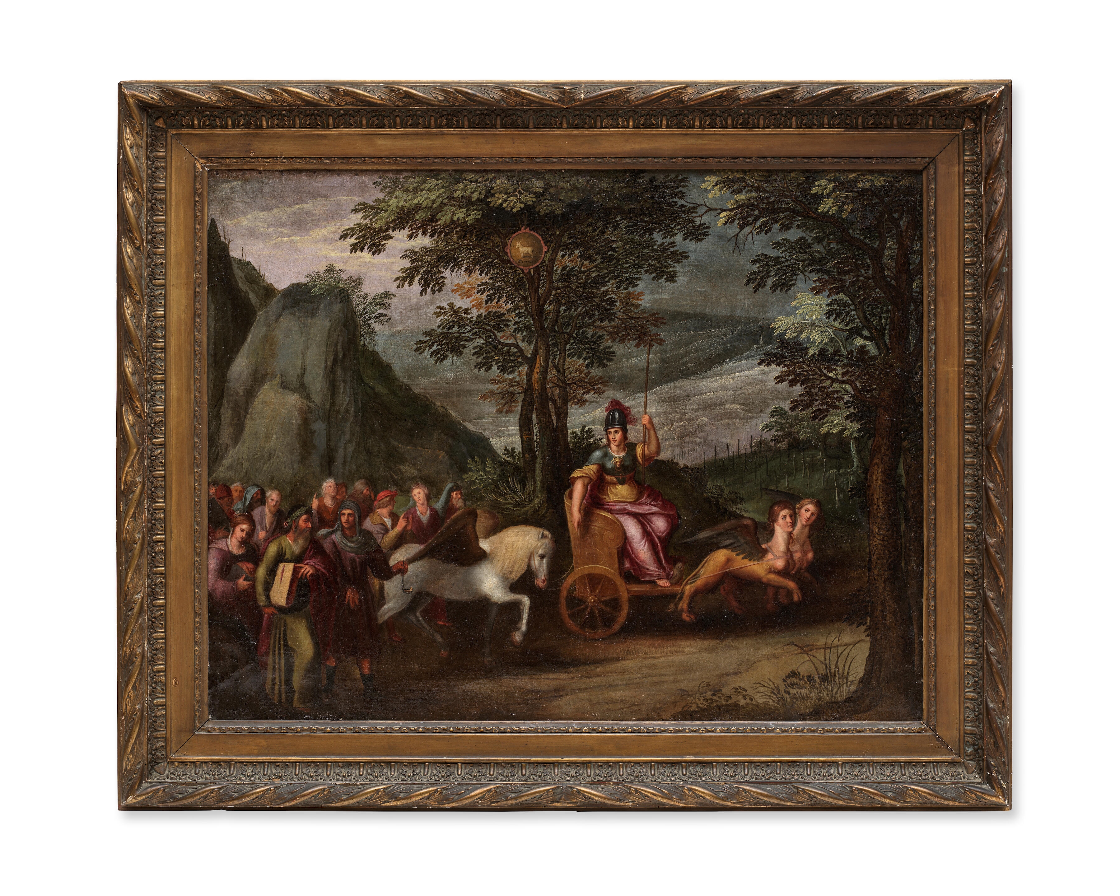 Artwork by Flemish School, 17th Century, An Allegory of the month of January with the Triumph of Janus; and An Allegory of the month of March with the Triumph of Minerva (2, Made of a pair, oil on canvas