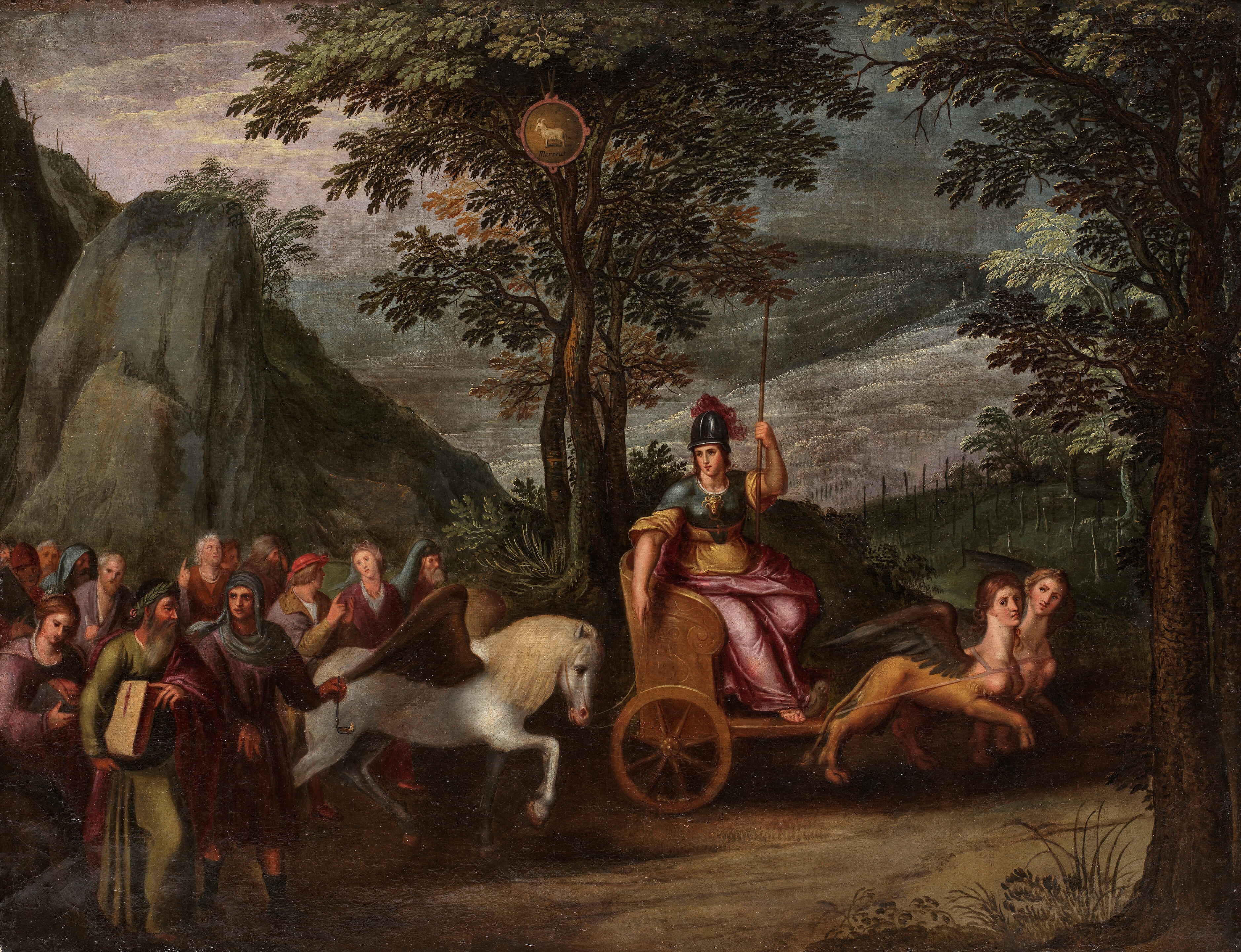 Artwork by Flemish School, 17th Century, An Allegory of the month of January with the Triumph of Janus; and An Allegory of the month of March with the Triumph of Minerva (2, Made of a pair, oil on canvas