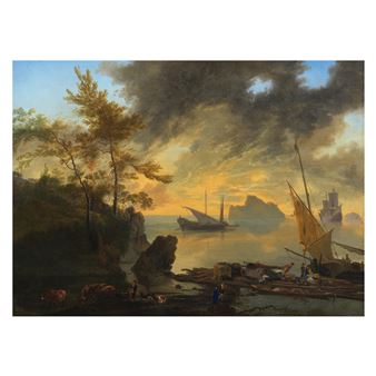 A painting of a sunset over a body of water with boats in the distance.