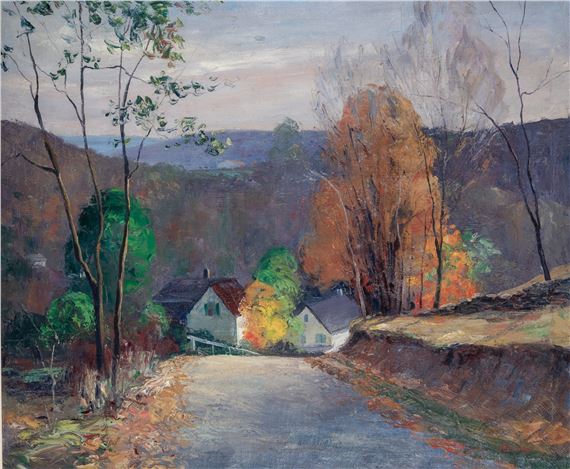A serene landscape painting of a rural road winding through autumnal hills with two white houses nestled among colorful trees.