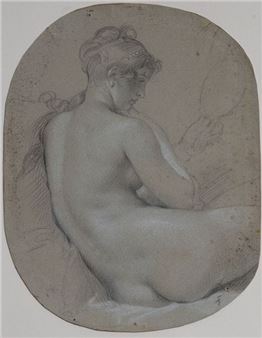 A monochromatic study of a seated figure in profile, rendered with soft shading and delicate line work.